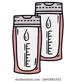 Hand drawn vector illustration of breast milk storage bags, pink and grey color