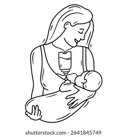 Hand drawn vector illustration of breastfeeding mother and baby with a supplemental nursing system, linear style