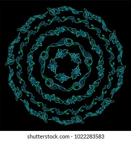 Hand drawn vector illustration. Bright blue mandala on black background. Space elements, abstract stars, planets, vessels, galaxy and more. Wave signs and symbols. Suitable for round frames