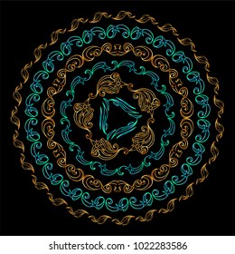 Hand drawn vector illustration. Bright blue mandala on black background. Space elements, abstract stars, planets, vessels, galaxy and more. Wave signs and symbols. Suitable for round frames