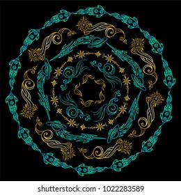 Hand drawn vector illustration. Bright blue mandala on black background. Space elements, abstract stars, planets, vessels, galaxy and more. Wave signs and symbols. Suitable for round frames
