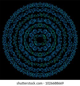 Hand drawn vector illustration. Bright blue mandala on black background. Space elements, abstract stars, planets, vessels, galaxy and more. Wave signs and symbols. Suitable for round frames