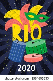 Hand drawn vector illustration with bright colorful feathers, drums, mask, confetti, text Rio. Flat style design. Concept for Rio de Janeiro, Brazilian carnival poster, flyer, banner.