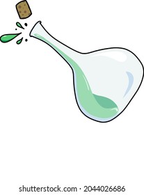 Hand drawn vector illustration of bright green potion splashing from a tilted bottle.