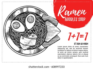 Hand drawn vector illustration. Brochure with illustrations of Asian cuisine. Ramen. Ready-to-use design template