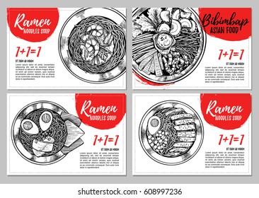 Hand drawn vector illustration. Brochures with illustrations of Asian food. Ramen and bibimbap. Ready-to-use design templates