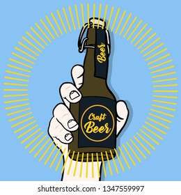 Hand drawn vector illustration with a brown green bottle of craft beer. Blue background and golden halo around the beer