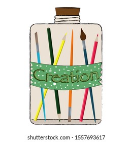 Hand drawn vector illustration with brushes, pencils in a glass jar with label Creation. Isolated objects on white background.  