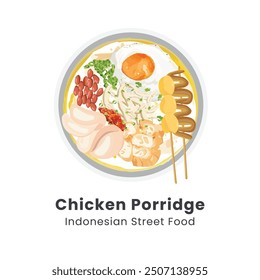 Hand drawn vector illustration of bubur ayam or chicken porridge from indonesian street food