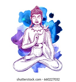 Hand drawn vector illustration with Buddha. Sketch style.