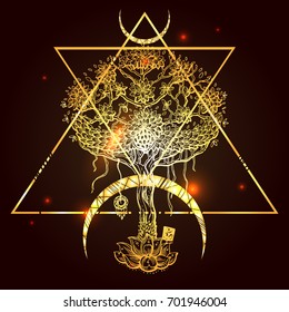 Hand drawn vector illustration buddha tree. Boho style drawing.  Us for Invitations, flyers, postcards, smartphone covers etc