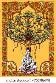 Hand drawn vector illustration buddha tree. Boho style drawing.  Us for Invitations, flyers, postcards, smartphone covers etc