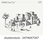 Hand drawn vector illustration of a buildings in the Middle East City, oasis in desert