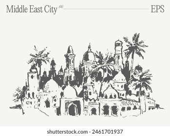 Hand drawn vector illustration of a buildings in the Middle East City, oasis in desert