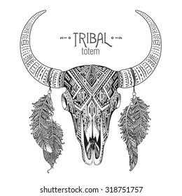 Hand drawn Vector illustration of bull skull with feathers. Ethnic indian ornament.