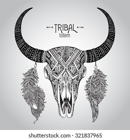 Hand drawn Vector illustration of bull skull with feathers. Ethnic indian ornament.