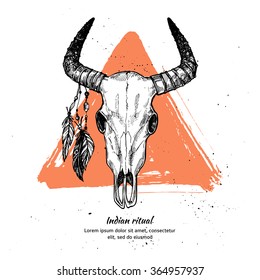 Hand drawn vector illustration - bull skull with feathers.