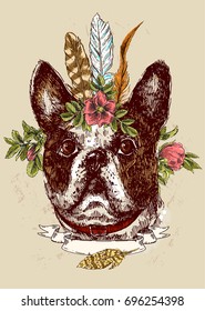 Hand drawn vector illustration bulldog. Sketch style dog. Symbol of 2018 new year. Us for Invitations, flyers, postcards, smartphone covers etc