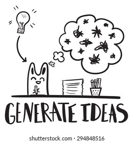 Hand drawn vector illustration with bunny and cloud. Generate idea motivational poster