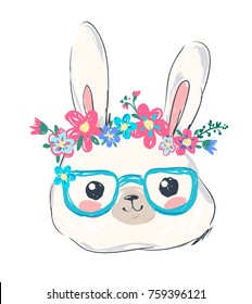 Hand Drawn Vector Illustration of Bunny with glasses, print design, children print on t-shirt girl.