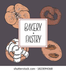 Hand drawn vector illustration of buns, pretzel and rolls. Bread with lettering. Pastry for fast food menu, cafe decor