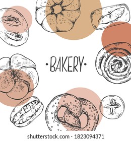 Hand drawn vector illustration of buns, rolls, pretzels, bread, bagels with lettering. Pastry and bakery for fast food menu, cafe decor