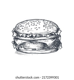 Hand drawn vector illustration of burger in sketch style. Traditional American food. Can be used for menu, card, poster and flyers design.
