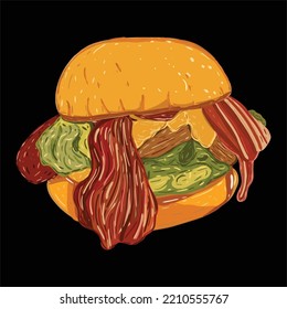 Hand drawn vector illustration of burger with egg, bacon, cheese, meat, vegetable isolated on black background.