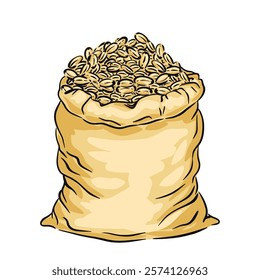 Hand drawn vector illustration of a burlap sack filled with grains, showcasing agricultural harvest