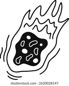 Hand drawn vector illustration of a burning meteor flying in space with flames and particles, isolated on a white background, ideal for space themed designs