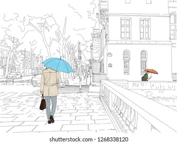 Hand drawn vector illustration  A business man walks in the rain in Paris  France  downtown 
