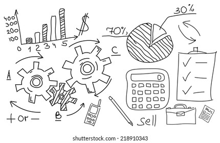 Hand drawn vector illustration of business strategy, brainstorming and website development doodles elements. Isolated on white background.