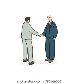 Hand drawn vector illustration of business man handshake to partner on white background. Asian and European people shaking hand. Meeting people.