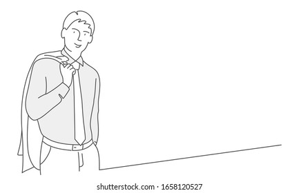 Hand drawn vector illustration of businessman holding his jacket over shoulder.