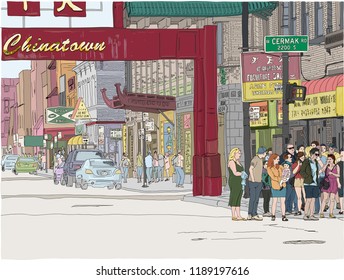 Hand drawn vector illustration. Busy scene at the entrance to Chinatown in Chicago.