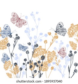 Hand drawn vector illustration with butterflies and plants