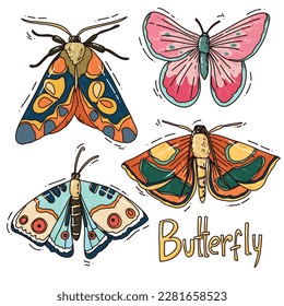 hand drawn vector illustration of butterfly. colorful set with text butterfly. cartoon style drawing for poster, printing or design