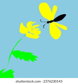 handgezeichnet Vektorgrafik eines Schmetterfliegers und einer Blume auf blauem Hintergrund