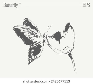 Dibujado a mano ilustración vectorial de una mariposa en la flor sobre fondo blanco. Boceto.