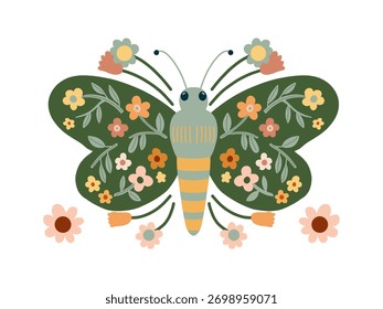 Dibujado a mano Ilustración vectorial de una mariposa con alas de patrón floral aislado