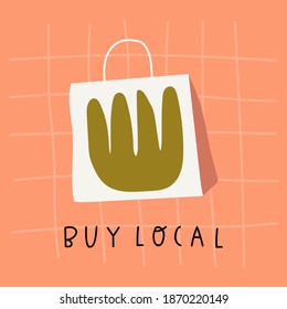 Hand drawn vector Illustration - buy local. Shopping bag on orange background.