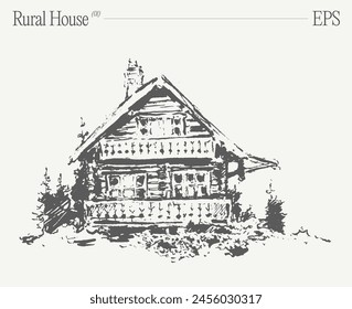 Ilustración vectorial dibujada a mano de una cabaña con balcón en un entorno boscoso