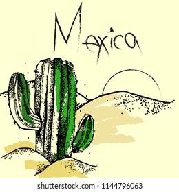 hand drawn vector illustration of cactus in the wild desert