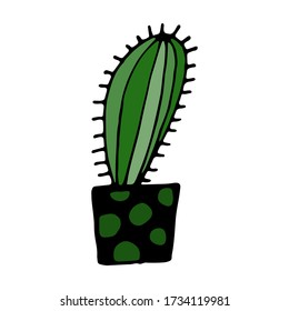Hand drawn vector illustration of cactus in the pot. Doodle outline drawing isolated on white background. Exotic green houseplant. Home interior decoration. Design element
