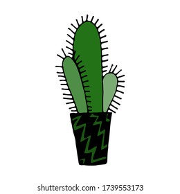 Hand drawn vector illustration of cactus in the pot. Doodle outline drawing isolated on white background. Exotic green houseplant. Home interior decoration. Design element