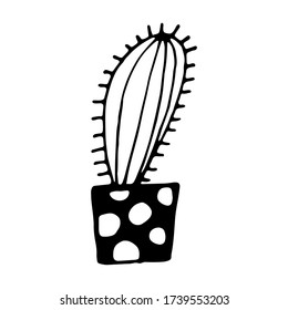 Hand drawn vector illustration of cactus in the pot. Doodle outline drawing isolated on white background. Exotic green houseplant. Home interior decoration. Black and white template for coloring