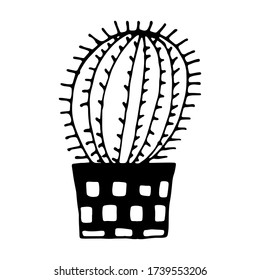 Hand drawn vector illustration of cactus in the pot. Doodle outline drawing isolated on white background. Exotic green houseplant. Home interior decoration. Black and white template for coloring