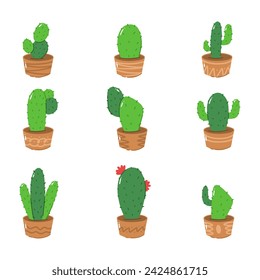 Hand drawn vector illustration of cactus in pot