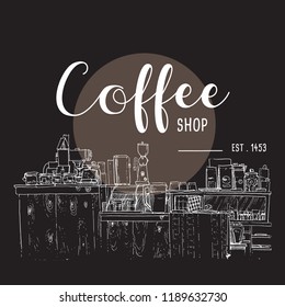 Hand drawn vector illustration of cafe with table, glasses and coffee machine.