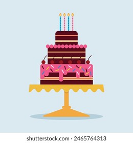 Hand drawn vector illustration of a cake with candles and icing. Happy birthday concept design in flat style. Tiered cake with various topping. Picture for card, invitation and banner